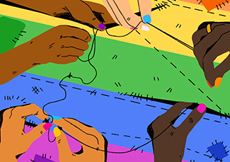 hands stitching together a pride flag