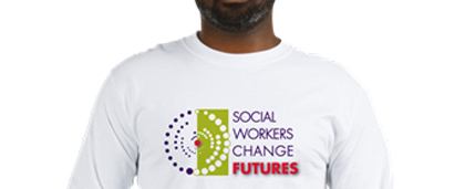 man wearing Social Workers Change Futures t-shirt