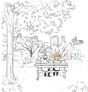 line drawing with two people sitting on a park bench, one with colorful squiggles around their head