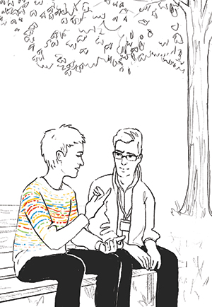 line drawing of two people sitting on park bench, one person has colorful squiggly lines in their sweater
