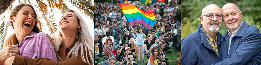 lesbian couple, child with Pride flag, older gay couple