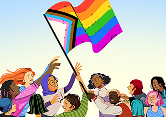 group of concerned people reaching for the pride flag