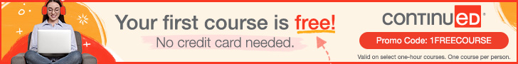 Your first course is free no credit card needed continuED promo code 1freecourse valid on select one-hour course. one course per person