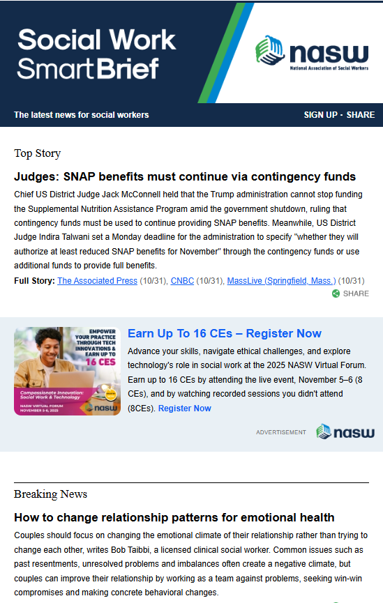 Social Work SmartBrief screenshot showing the advertising location directly under the Top Story