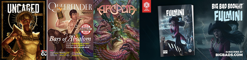 game cover designs: Uncaged; Queerfinder; Arcadia; Fulmini; Big Bad Booklet Fulmini