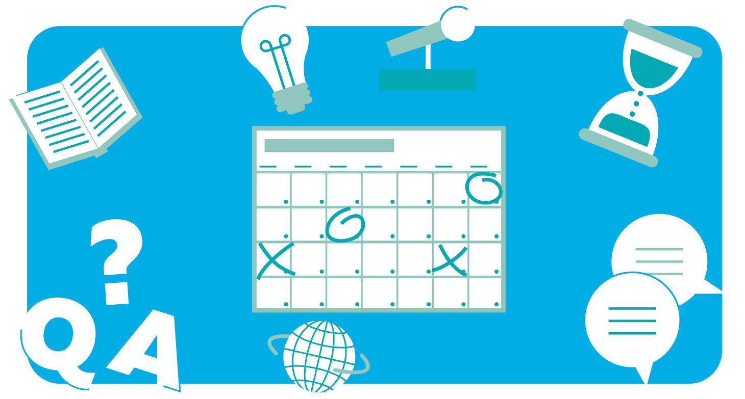 calendar with dates circled, question mark, lightbulb, thought bubbles, book