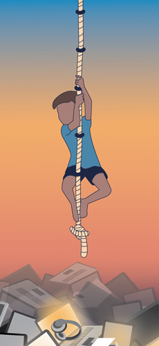 man climbing rope over technology