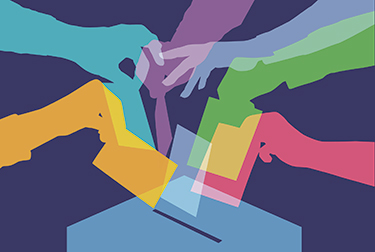 hands dropping ballots into box