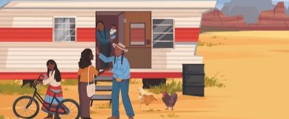 illustration of social worker meeting with clients in an RV in a desert