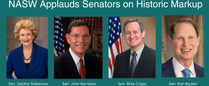 NASW Applauds Senators on Historic Markup Sen Debbie Stabenow Sen John Barrasso Sen Mike Crapo Sen Ron Wyden with portraits