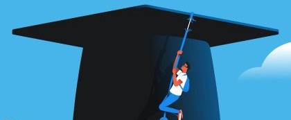 person climbing tassel of graduation cap