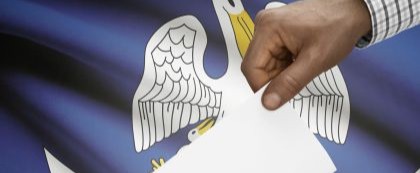 artist rendering combining crane from Louisiana state flag with person dropping ballot in ballot box