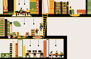 people on different floors of a library