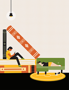 one person reading and one person napping on a couch in a library