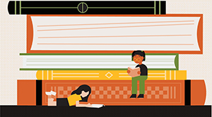 two people reading on a staircase of books two people reading on a staircase of books