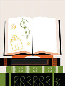open book with drawing of a house and dollar sign