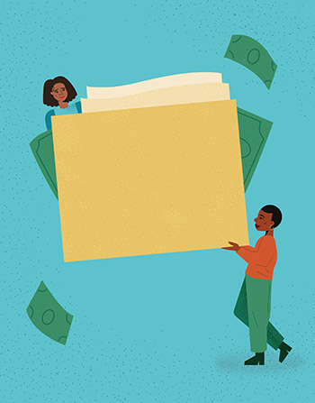 woman being presented a folder full of money and documents