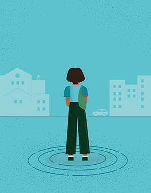 young woman staring ahead at a city