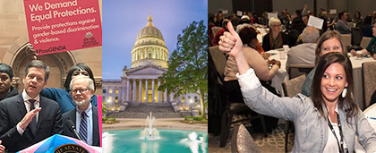 smiling woman at conference with raised hand, map of Vermont