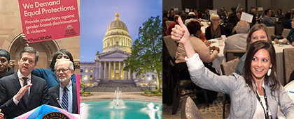 politicians, state capitol building, woman with thumbs up