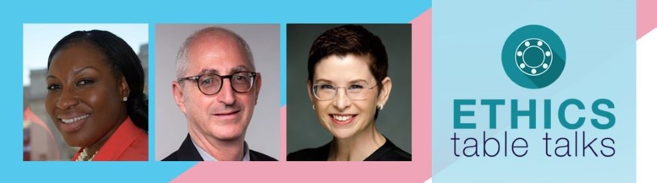 Ethics table talks with portraits of Allan Barsky, JD, MSW, PhD and Tracey Rubenstein, LCSW
