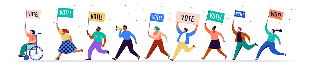 group of people with flags that say Vote
