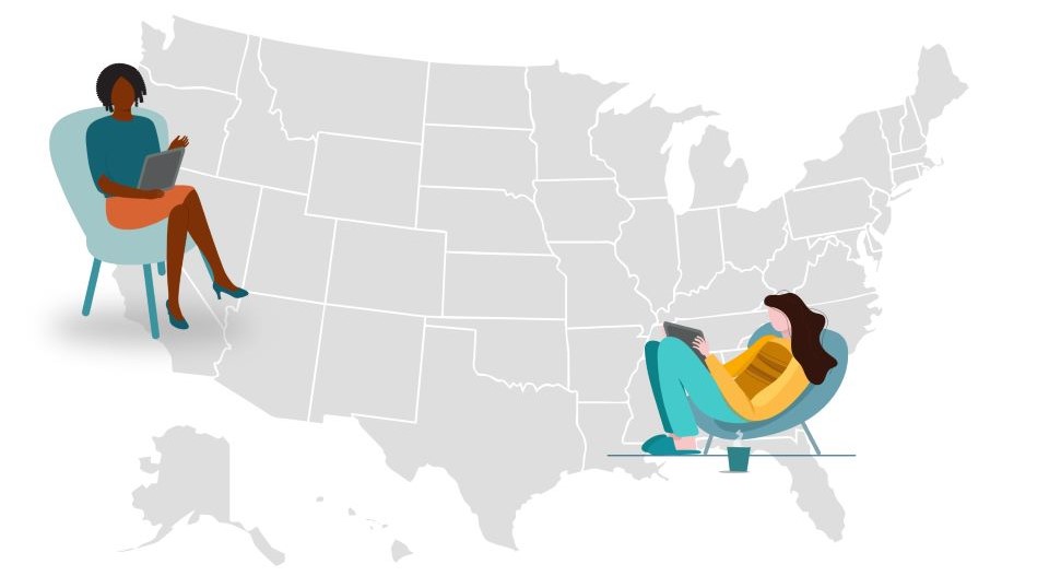 Outline of united states with 2 drawn people on opposite sides