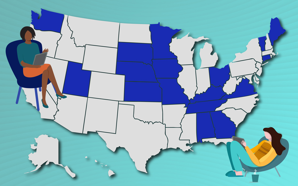 Outline of united states with 2 drawn people on opposite sides and 18 states highlighted