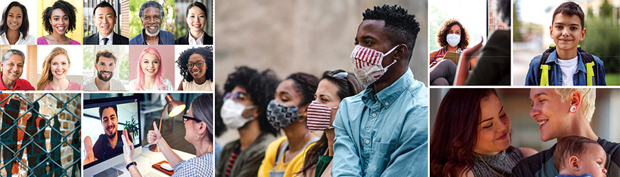 diverse people, some wearing masks, family, small child