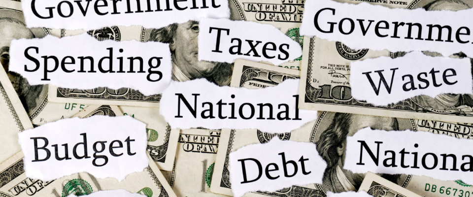A photo of money with words on top. Government. Taxes. Spending. Waste. National. Budget. Debt. National. Deficit. Taxes. Health.