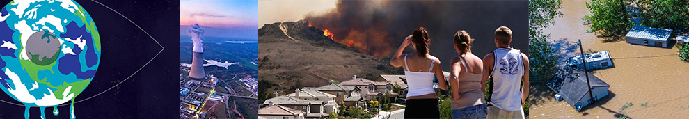 collage of earth with tear, nuclear reactor, people watching wildfire, flooding