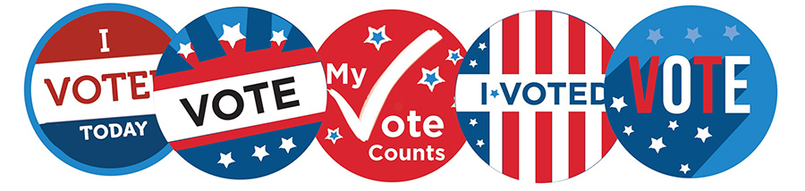 round stickers that read I voted today; my vote counts; vote