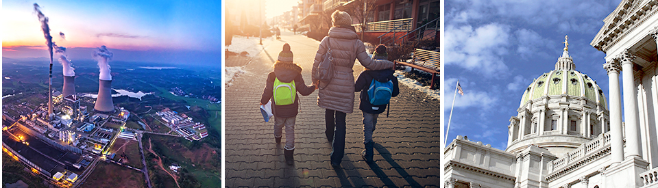 smoke stacks, parent walking with kids, dome on a government building