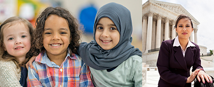 kids from different cultures, woman in front of government building