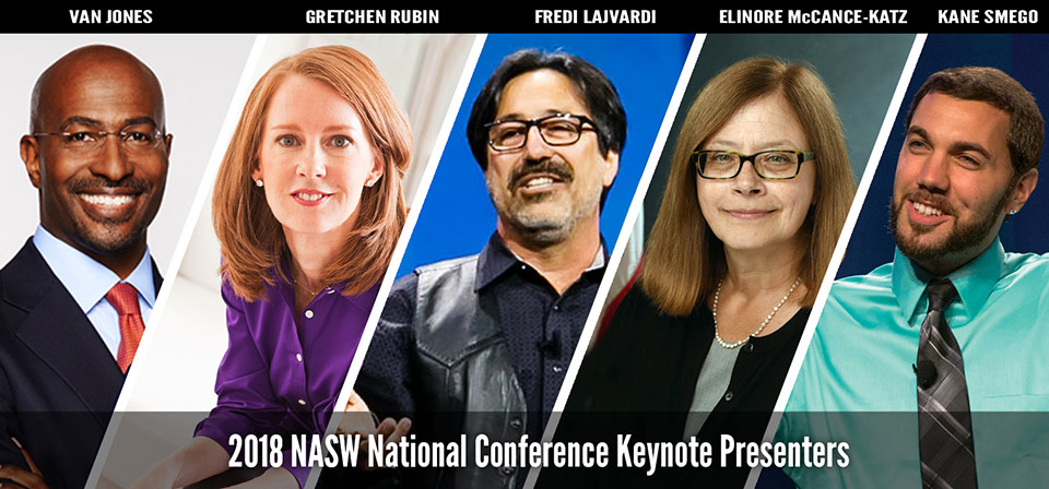 faces of keynote presenters Van Jones, Gretchen Rubin, Fridi Lajvardi, Elinore McCance-Katz and Kane Smego