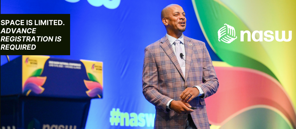 Dr Anthony Estreet speaking at NASW conference. Text stating space is limited register in advance.