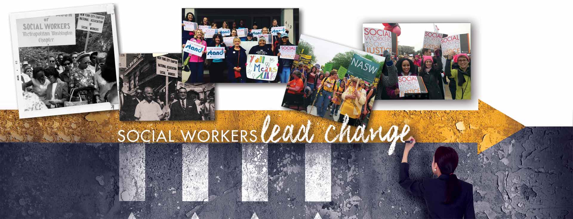 Social workers lead change: collage of people at protest marches and demonstrations