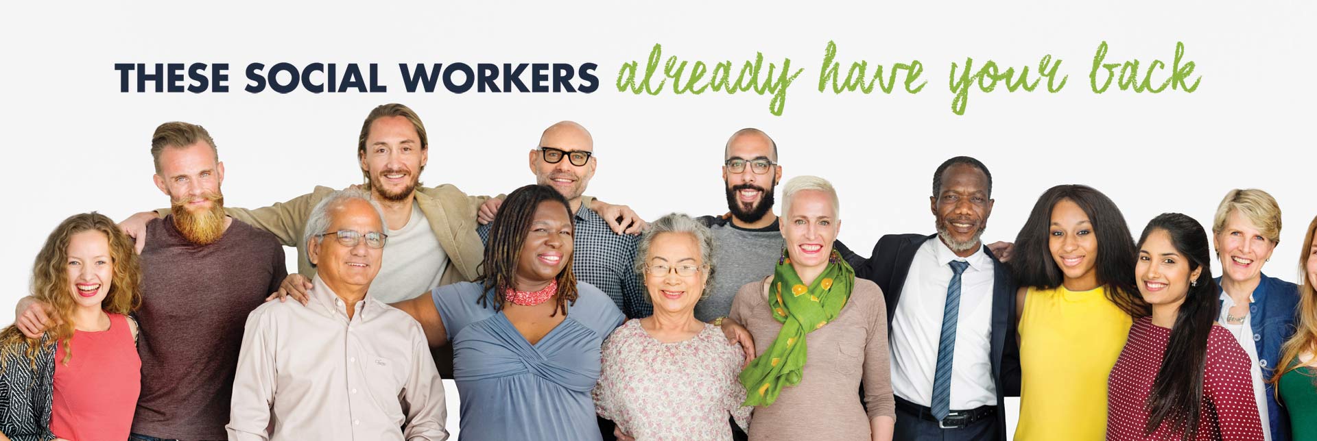 group of smiling people standing arm-in-arm