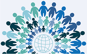 illustration of human figures in concentric circles in blue