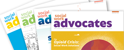covers of four Social Work Advocates magazines
