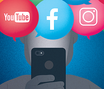 graphic with person holding mobile phone, with YouTube, Facebook, Instagram logos in bubbles at the top
