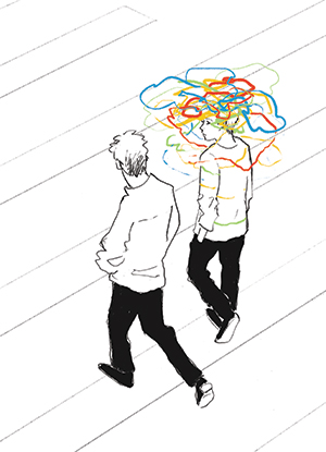 line drawing with two people, one with colorful squiggles around their head