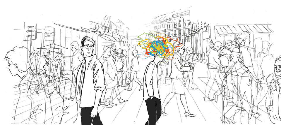 drawing of crowd, one person with squiggles around their head