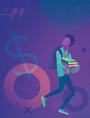 student carrying books, dollar sign