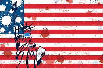 American flag, statue of Liberty, coronavirus orbs