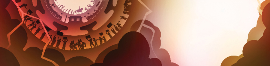 illustration of protests, lightning bolts, storm clouds