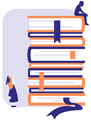 pile of books - one person sits atop it, another looks up at it