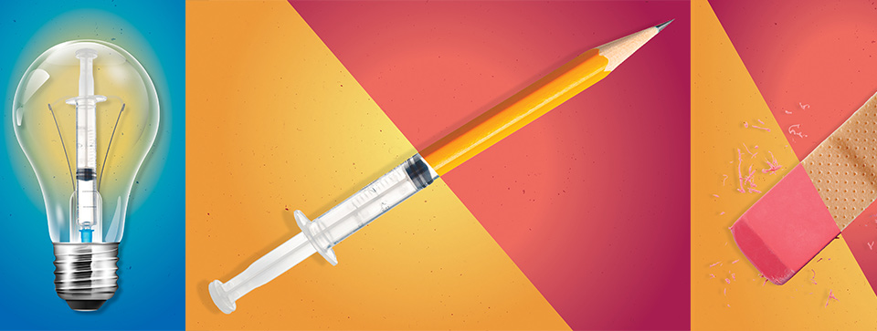 collage of lightbulb and pencil combined with medical syringe, eraser combined with adhesive bandage