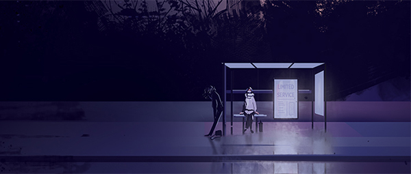 people sitting at a bus stop in the dark