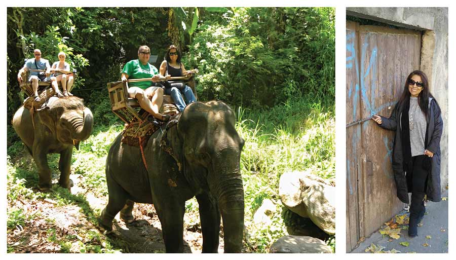 two elephants with people riding on them, woman stands by a rustic door